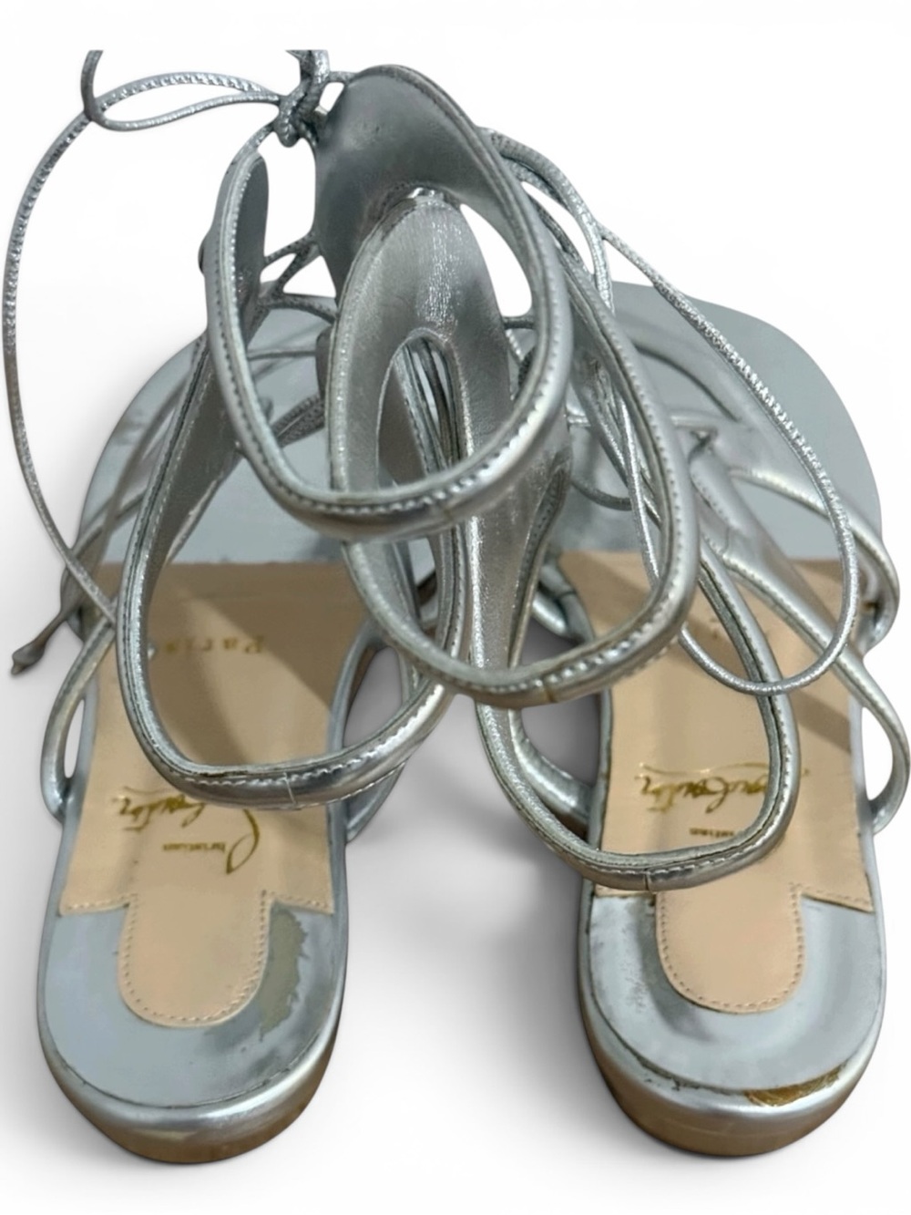 Christian Louboutin Silver Metallic Lace-Up Flat Sandals – Size 37 - Picture 8 of 11